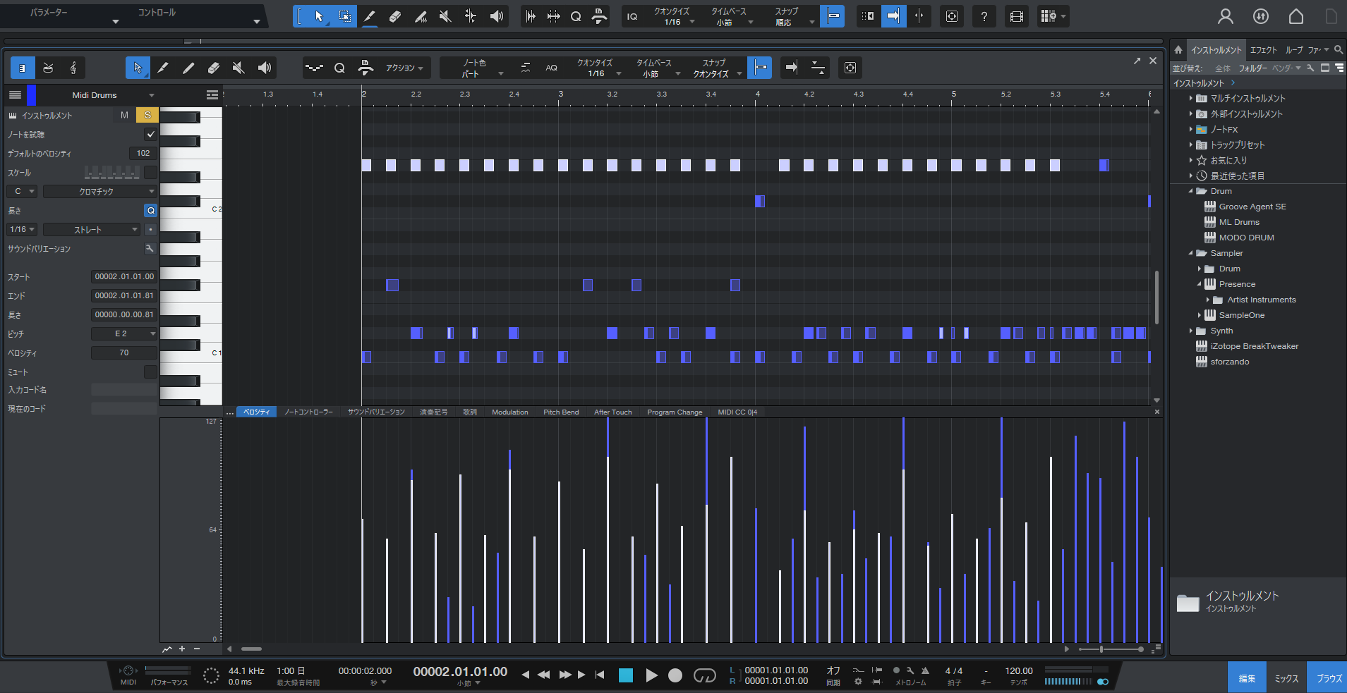 DAW上のMIDIデータ
